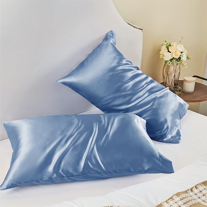 BEDELITE Satin Pillowcase for Hair and Skin, Super Soft and Cooling Similar to Silk Pillow Cases 2 Pack with Envelope Closure, Gift for Women Men(13"x18" Toddler Size, Airy Blue)