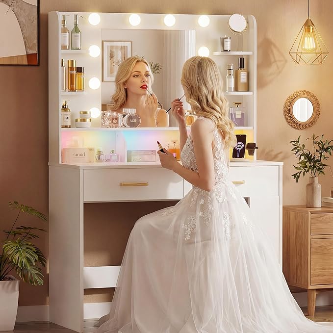 LUCKRACER Vanity Desk with LED Lights Mirror & Charging Station, White Makeup Vanity with Storage Drawers and Shelves, Modern Dressing Table for Women Girls Bedroom, White