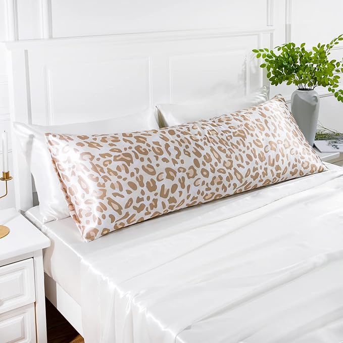 MR&HM Satin Body Pillow Cover, Soft and Breathable Body Pillow Case with Envelope Closure, Cooling and Silky Long Pillowcase for Hair and Skin,Grey (20x54, Champagne Leopard)