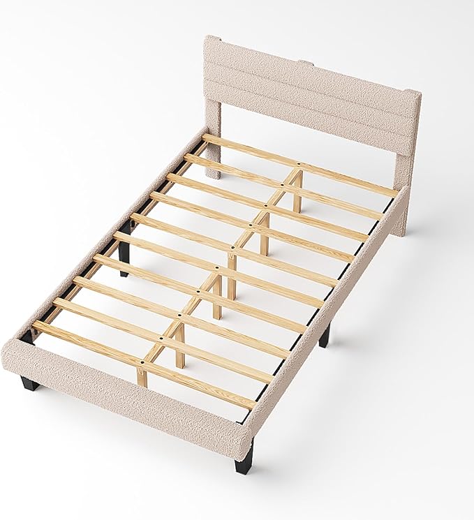 VINGLI Twin Bed Frame for Kids,Boucle Upholstered Platform Bed with Adjustable Headboard,Sturdy Wood Slats Support,Cloud Single Bed with Cream Design,Noise Free, Easy Assembly, Beige