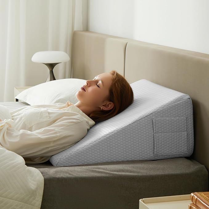 Bedluxe Wedge Pillow, 12 inch Bed Wedge Pillow for Headboard, Pillow Wedge for Acid Reflux Relief, Sleeping, After Surgery, Snoring, Gerd, Triangle Pillow Wedge - Cooling Memory Foam Top, Light Grey