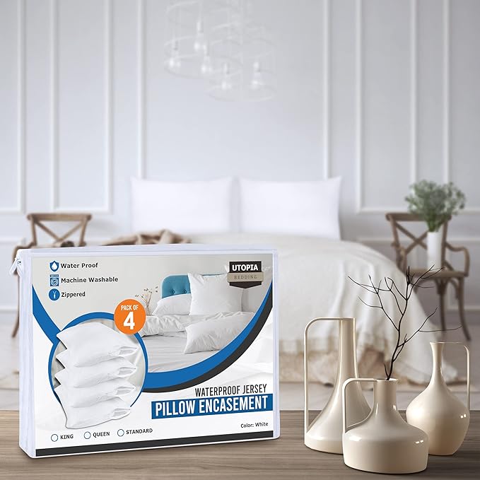 Utopia Bedding 80 Pack Waterproof Pillow Protectors with Zipper Queen Size (White), Bed Bug and Dust Mite Proof Pillow case Covers, Moisture Wicking Pillow Encasements 20 x 28 Inches