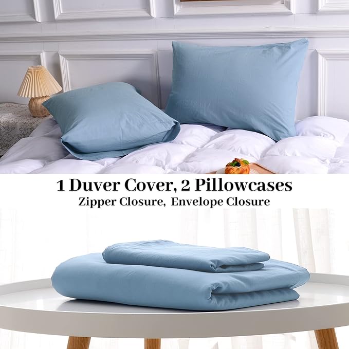 NEXHOME PRO Duvet Cover Set King Size 100% Washed Cotton Linen Look Textured Organic Natural 3 Pieces Bedding Set with Zipper Closure and Corner Ties, Breathable, Soft (Blue, No Comforter)