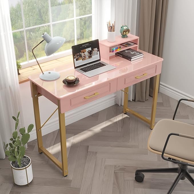 WESTREE Vanity Desk with 2 Drawers and Storage Shelf, Modern Makeup Table with Glossy Desktop, Gold Metal Frame Writing Desk for Bedroom or Home Office, No Mirror