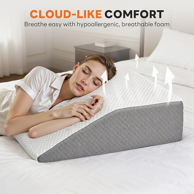 Sweetcrispy 7 Inch Wedge Pillow, Body Pillow for Sleep Apnea, Neck Pain Relief, Post Surgery, Sleeping Comfort, Snoring, White & Grey