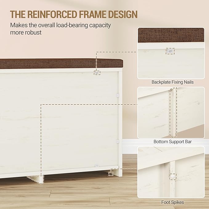 Hzuaneri 2 Tier Shoe Storage Bench with Doors, 47.2" Farmhouse Shoe Bench with Padded Cushion, 12 Pairs of Bed End Bench, Entryway Bench with Storage for Bedroom, Living Room, Rustic White SB61214KA
