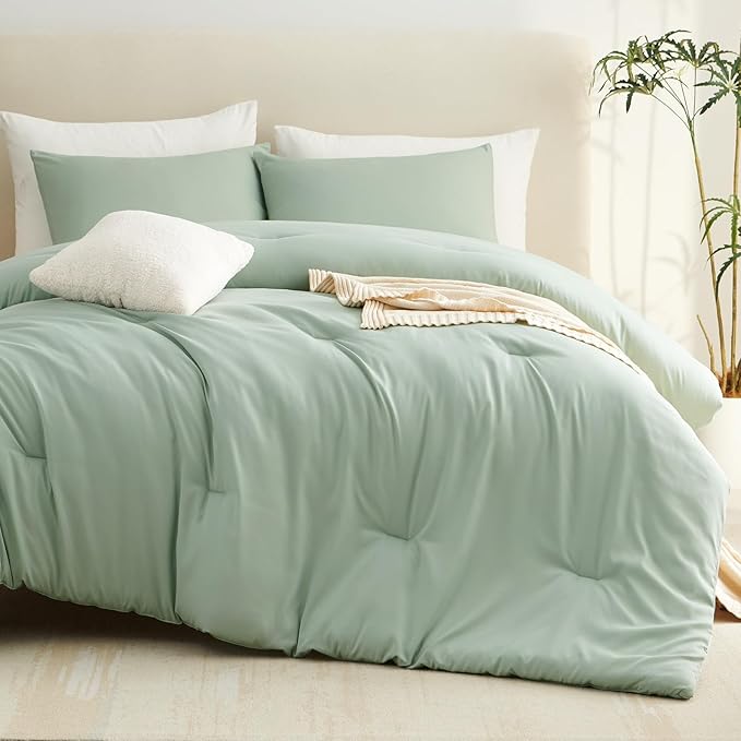 CozyLux Oversized King Comforter Set Sage Green, 3 Pieces 120x98 Solid Breathable Quilted Bedding Sets All Seasons, Luxury Soft Lightweight Bed Set with Down Alternative Comforter and 2 Pillowcases