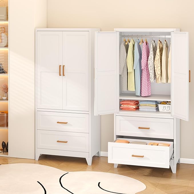 INTERGREAT 71” H Metal Wardrobe Cabinets with 2 Doors, Large Clothing Storage Cabinets with Hanging Rod and Adjustable Shelves, Closet for Home Living (White)