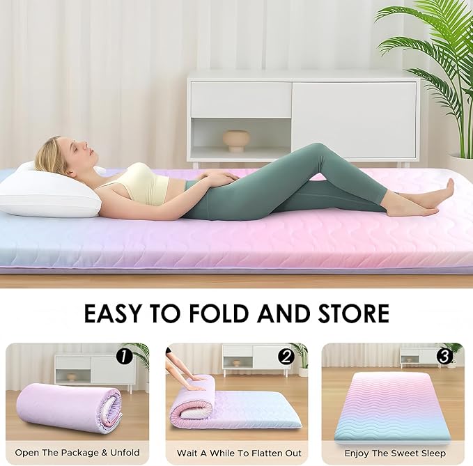SCHNAUZER HOME Japanese Floor Futon Mattress, 3.5" Thicken Colorful Rainbow Portable Floor Mattress, High-Density Foam Tatami Mat Sleeping Pad for Camping Guest Room Dormitory RV, Twin
