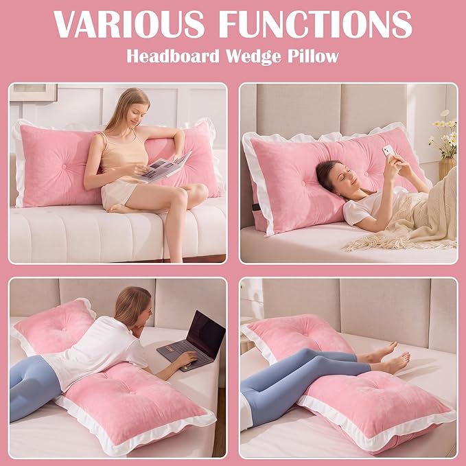 Leinuosen 39 in Ruffle Wedge Headboard Pillow for Dorm Twin XL College Bed Reading Bolster Dorm Velvet Triangular Bed Backrest Wedge Pillow Cushion for College Reading Support(Pink)