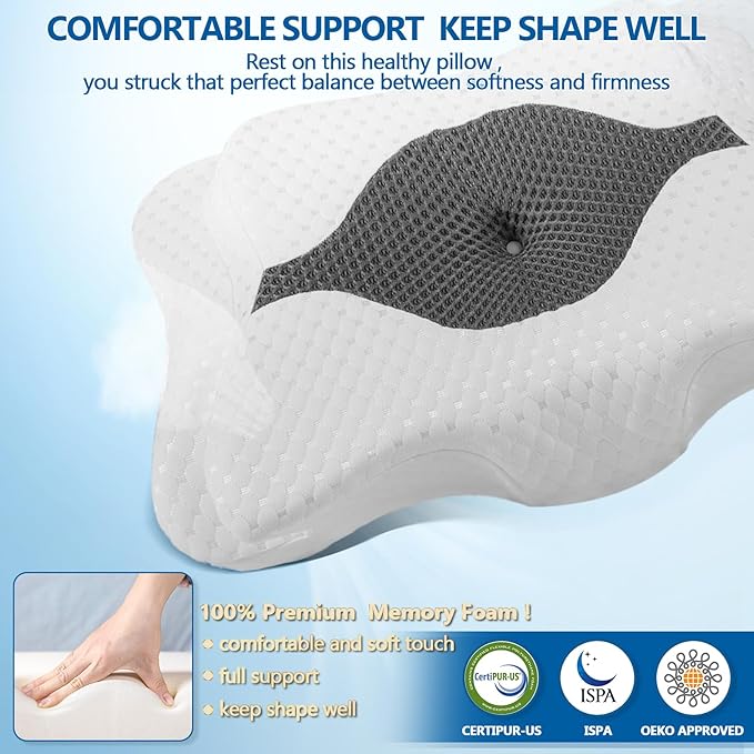 CHxxy Memory Foam Pillows, Cervical Pillow for Neck and Shoulder Pain Relief, Ergonomic Contour Bed Pillow, Soft for Side Sleep Stomach Sleeping and Back Sleeper-Queen Size&Grey