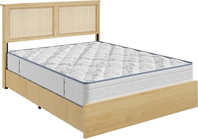 Garvee Queen Size Rattan Bed Frame with 4 Drawers, Bohemian Queen Rattan Bed Frame with Natural Headboard, Platform Queen Size Bed with Wooden Legs, LED Lights, No Box Spring Needed