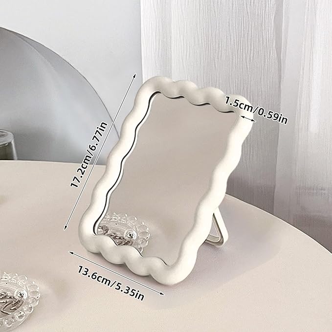 Wave Shaped Table Desk Vanity Makeup Mirror Cute Portable Travel Folding Make Up Mirror for Standing Hanging 6.7X5.3 Inch Home Decoration (White)