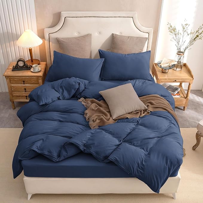 PURE ERA Jersey Knit Duvet Cover Set 100% T-Shirt Cotton Super Soft Comfy 3pc Bedding Set with Zipper Closure (Solid Navy Blue, Queen, 90"X90")