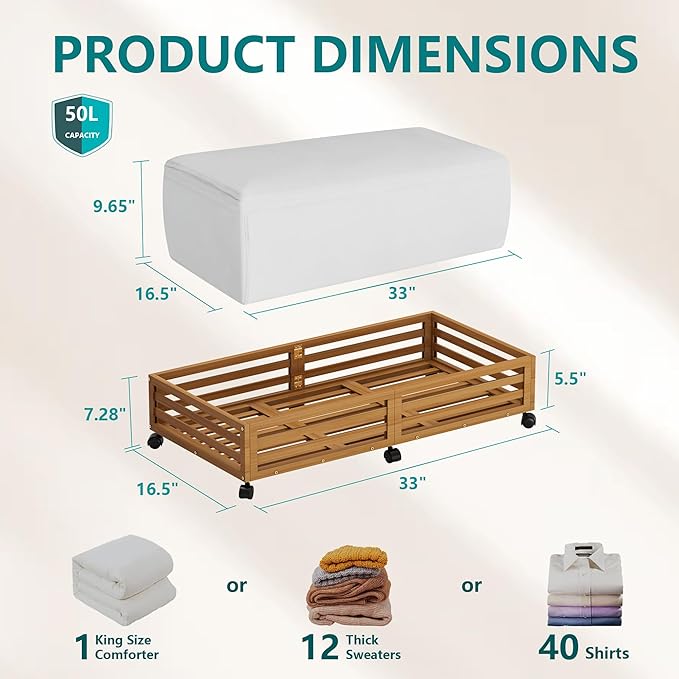 Bamboo Under Bed Storage Containers- Underbed Organizer with Wheels with Large Capacity Dust Bag,Sturdy Wood Rolling Under Bed Shoe Storage Organizer 2 Packs (Walnut, 2 Packs (33.07"×16.54"))