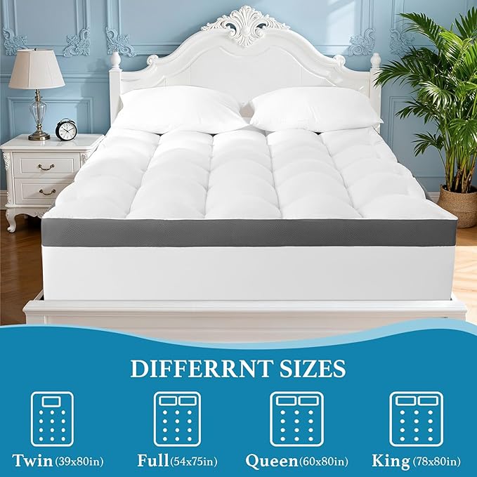4 Inch Memory Foam Mattress Topper, Cooling Extra Thick 2000 GSM Pillow Top Mattress Pad for Back Pain Relief,Soft Breathable Mattress Cover for Fluffy Shredded Memory Foam Filled (Queen, 60"x80")