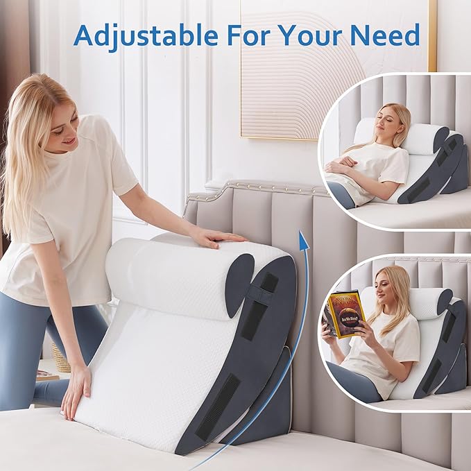 Ahpmeoa 5Pcs Wedge Pillow Set for After Surgery, Orthopedic Bed Wedge Pillow Set for Post Surgery, Acid Reflux Relief, Sleeping, Back Pain Relief, Adjustable Back Pillow for Bed Sitting up, White/Grey