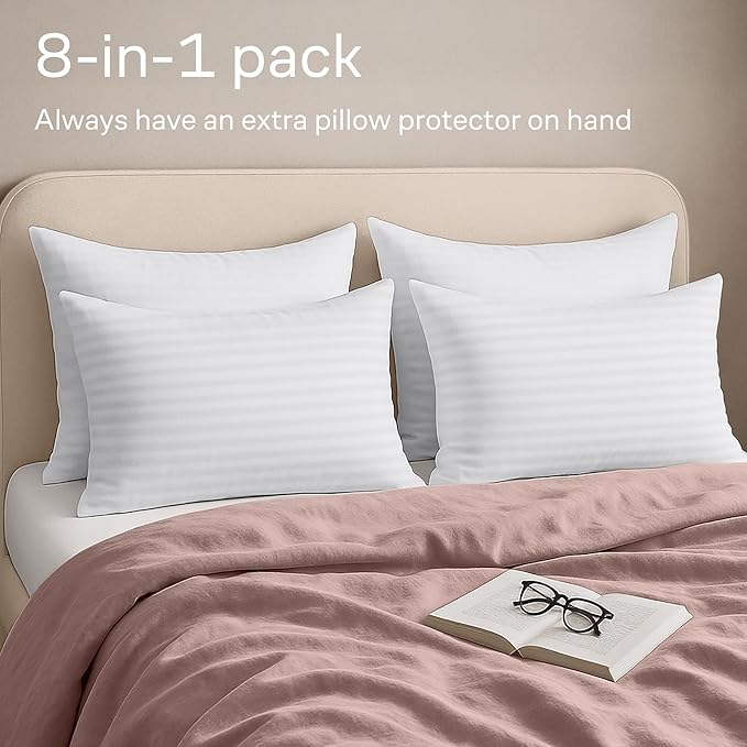 Set of 8 Pillow Protectors with Zipper King Size - 100% Resistant to Stains, Dust & Dirt - Washable Covers for Increased Pillow Lifespan