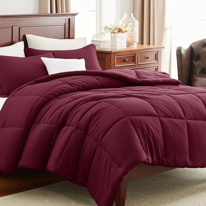 CozyLux King Size Comforter Set - 270GSM Burgundy Bedding Sets for All Seasons Size, 3 Pieces Box Stitched Bed Set with 1 Down Alternative Comforter and 2 Pillow Shams, Soft, Lightweight, Durable