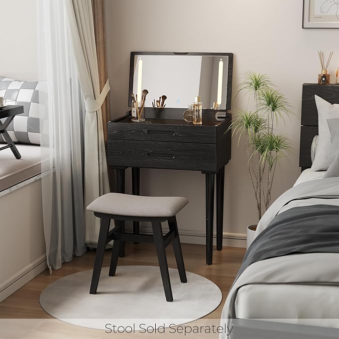 Muwuele Solid Wood Small Vanity Desk with Mirror and Lights, Narrow Makeup Vanity for Small Space, Flip Top Vanity Side Table, 3 Color Modes & Adjustable Brightness, 23.6" Slim Dressing Table, Black