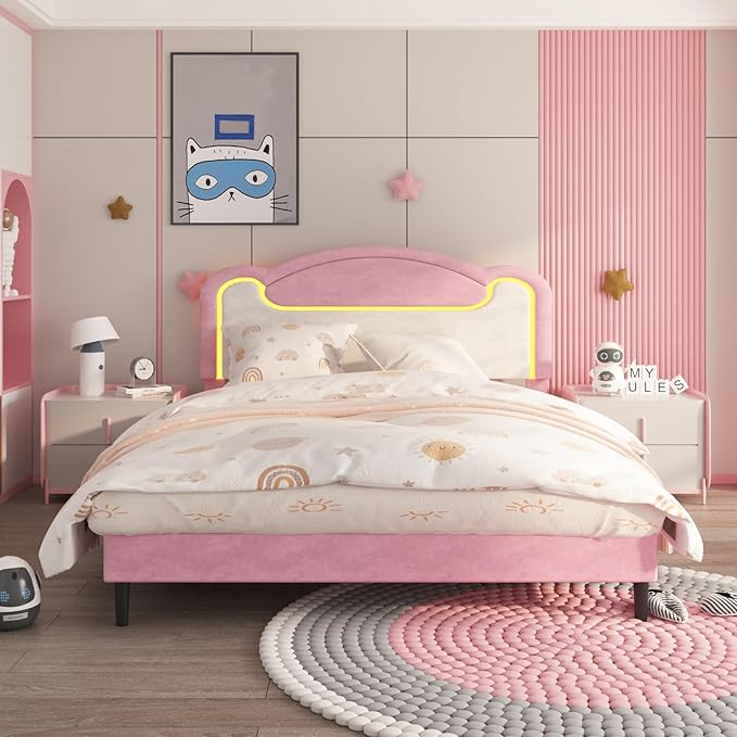 Garvee Full Size Upholstered Bed Frame with LED Lights & Fabric Headboard, Princess Platform Bed for Girls with Wood Slats, No Box Spring Needed (Pink White)
