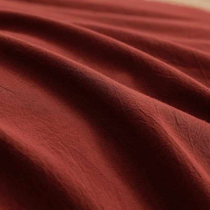 BESTOUCH Duvet Cover Set 100% Washed Cotton Linen Feel Super Soft Comfortable Chic Lightweight 3 PCs Home Bedding Set Solid Fired Brick Red Super King