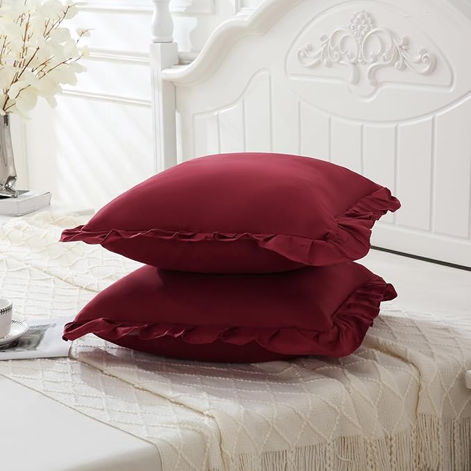 Merryword Burgundy Pillowcases 18x18 Cute Throw Pillow Covers Pack of 2 Ruffle Pillowcase Cushion for Couch Sofa Bedroom