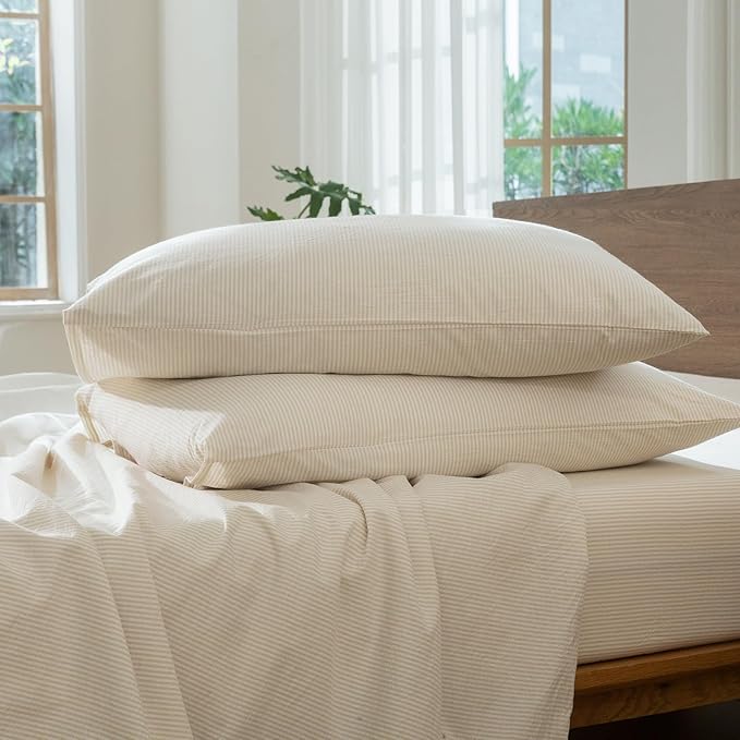 MooMee Striped Duvet Cover Set 100% Washed Cotton Linen Like Textured Breathable Durable Soft Comfy (Almond Milk Grey Pinstripes, Super King Plus 120"x120")