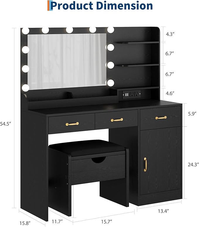 GarveeHome Vanity Desk with Mirror and Lights, Vanity Set with Upholstered Storage Stool, Makeup Vanity with Power Outlet & 11 LED Bulbs, Dressing Table with 3 Drawers & Storage Shelves, Pure Black