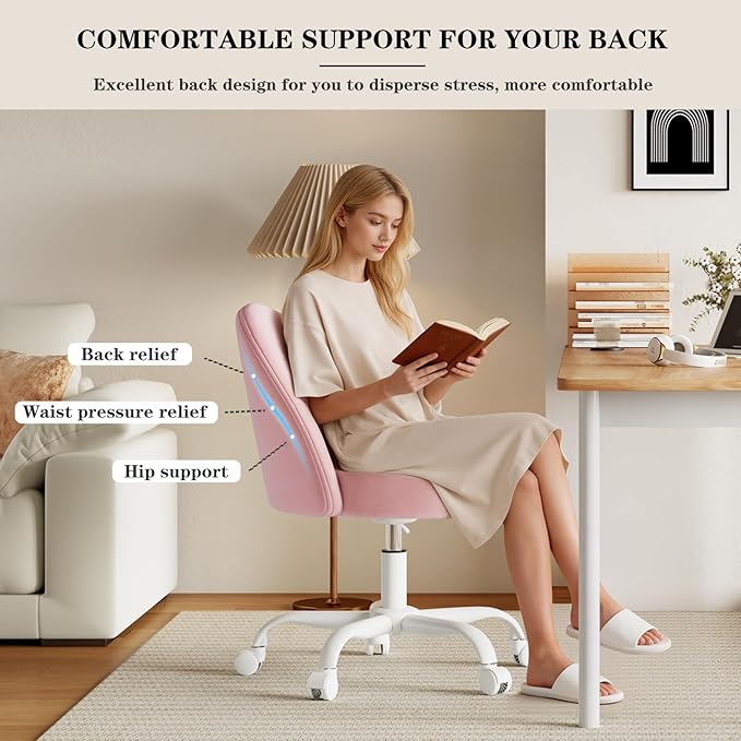 Velvet Vanity Chair with Wheels, Height Adjustable Swivel Makeup Chair, Armless Small Desk Chair for Bedroom/Office/Vanity Table, 250 lbs Capacity (Velvet, Pink)