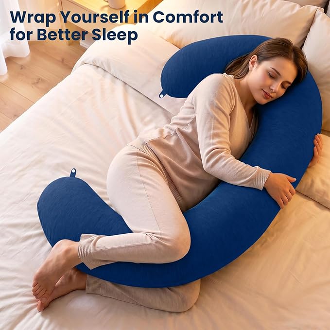 TranquilRelax C Shaped Body Pillow for Side Sleepers, Memory Foam Long Pillow for Leg, Hip & Back Support, Soft Washable Cover,Navy Blue-53"*10"