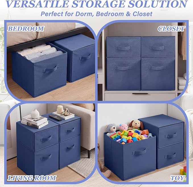 Weysat 4 Cube Stackable Under Dorm Bed Storage Container Foldable Closet Drawer Organizer Fabric Storage Cube Bins for Dorm Essentials College Closet Bedroom Living Room Nursery(Navy Blue,17.72 Inch)