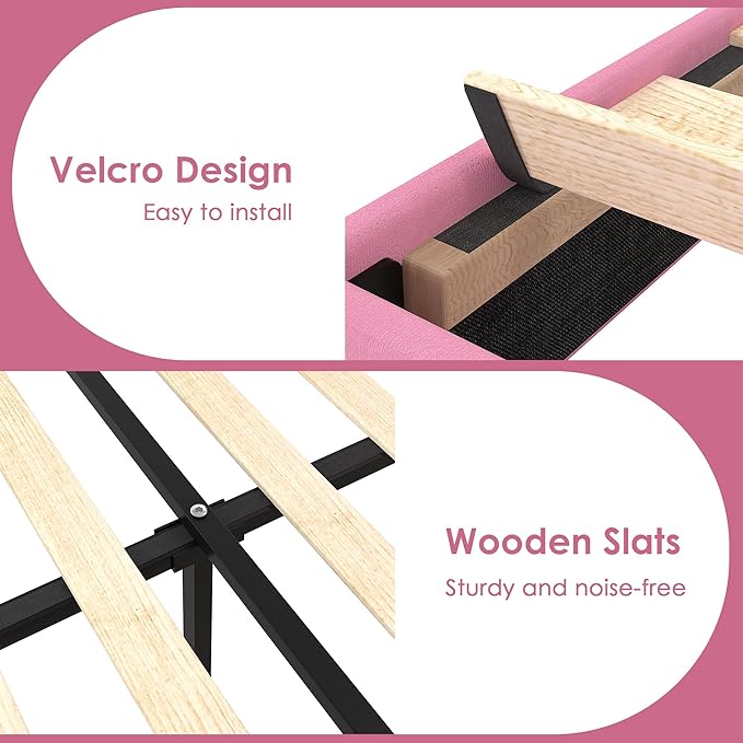 VECELO Queen Size Platform Bed Frame with Height Adjustable Upholstered Headboard, Modern Mattress Foundation,Strong Wood Slat Support, No Box Spring Needed, Easy Assembly,Pink