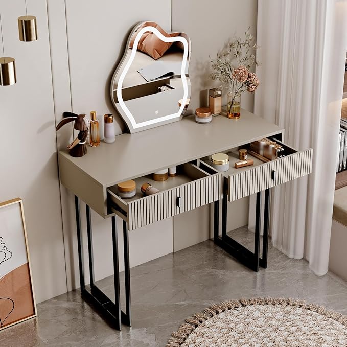 Ieejdn Morandi Gray Vanity Desk with Mirror and Lights,Small Makeup Vanity with 2 Drawers,Modern Makeup Table with Adjustable Cabinet for Bedroom,Makeup Room