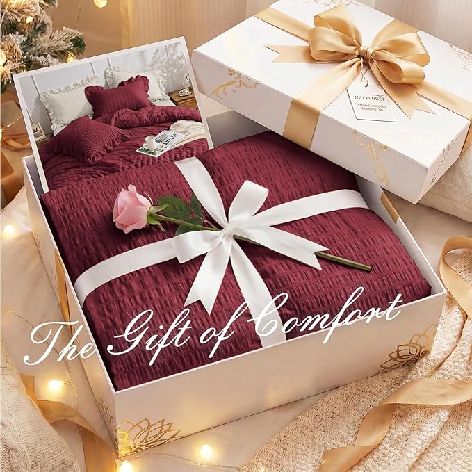 JOLLYVOGUE King Size Comforter Set, 3 Pieces Burgundy Seersucker Comforters King Size, Lightweight & Fluffy Bedding Sets King for All Season with 1 Ruffle Comforter and 2 Ruffle Pillowshams