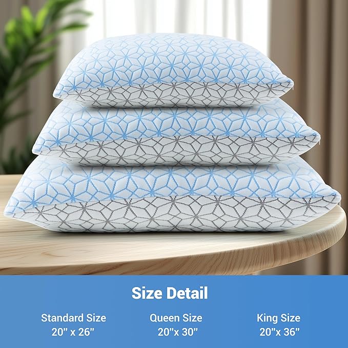 puredown® Standard Pillows Set of 2, Cooling Pillow Full Size 2 Pack, Adjustable Shredded Memory Foam Pillows for Side Back Stomach Hot Sleepers, Ice Blue