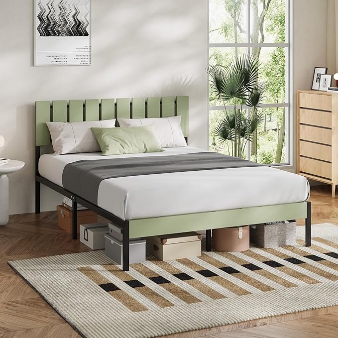 Novilla Queen Bed Frame with Modern Wooden Slatted Headboard, Easy Assembly, Heavy Duty Metal Platform, Noise-Free, Under-Bed Storage, No Box Spring Needed