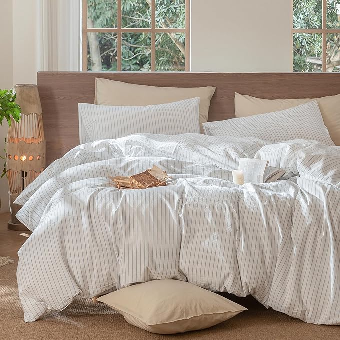 MooMee Striped Duvet Cover Set 100% Washed Cotton Linen Like Textured Breathable Durable Soft Comfy (White Cornflower Blue Wide Stripes, Queen 90"x90")