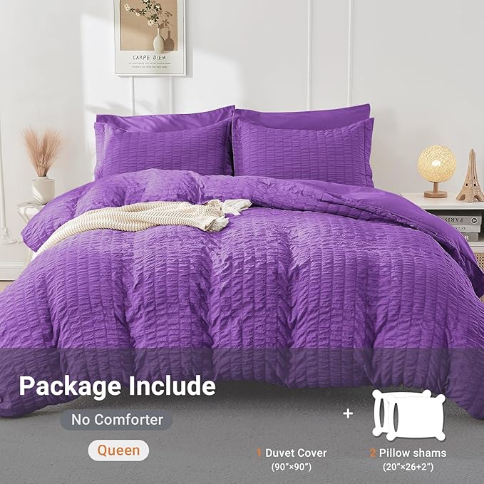 HYMOKEGE Dark Purple Duvet Cover Full Size, Ultra Soft 3-Piece Seersucker Duvet Cover Set with Zipper Closure, Soft Brushed Microfiber Bedding Set with 8 Corner Ties (80"x90", 2 Pillowshams)