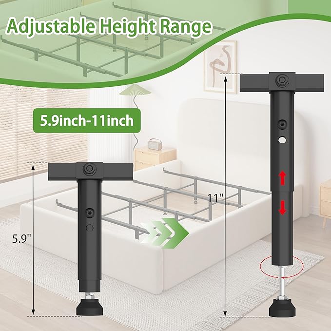Bed Slats Center Support System - 4 Cross Rails and 8 Adjustable Legs,Replacement Support Legs for Metal/Wood/Upholstered Bed-Twin