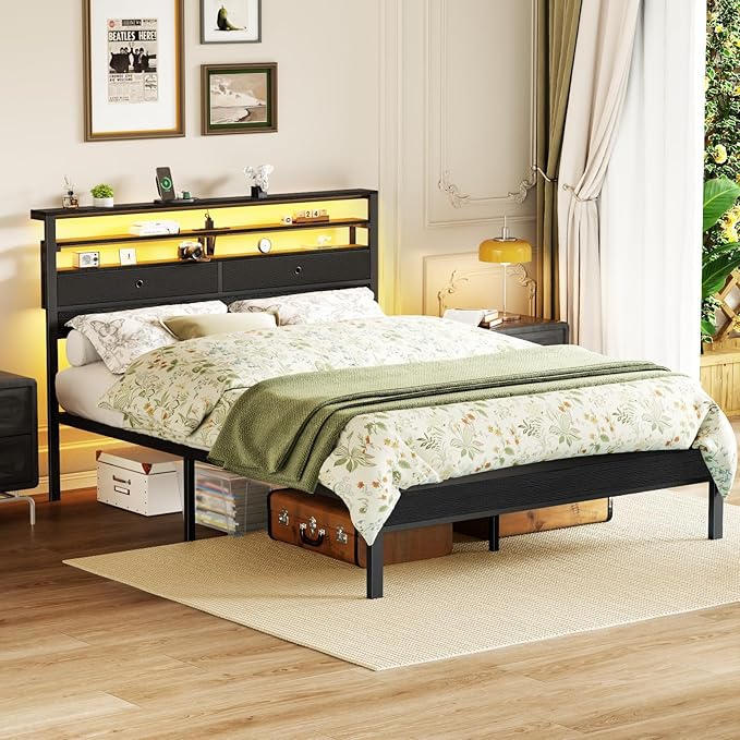 Furnulem Queen Bed Frame with Headboard, 3-Tier Storage Shelves & 2 Fabric Drawers, Built-in Charging Station & RGB LED Lights, Metal Slat Support, No Box Spring Needed, Easy Assembly, Black Oak