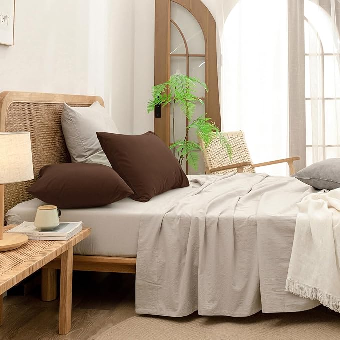 BESTOUCH 100% Washed Cotton Pillowcase for Hair and Skin Linen Feel Soft Comfortable Breathable 2 Set Pillow Case with Envelope Closure Solid Cocoa Brown Queen 20x30 Inches