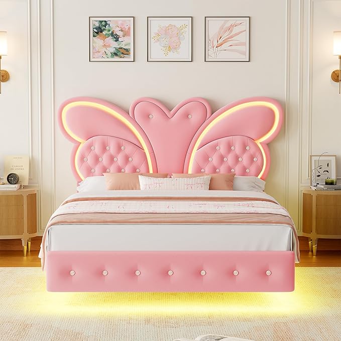 Keyluv Queen Bed Frame Butterfly-Pattern Upholstered Headboard, Modern Floating Bed with LED Lights Button Tufted on Headboard and Footboard, Slats Support No Box Spring Needed, Noise-Free, Pink
