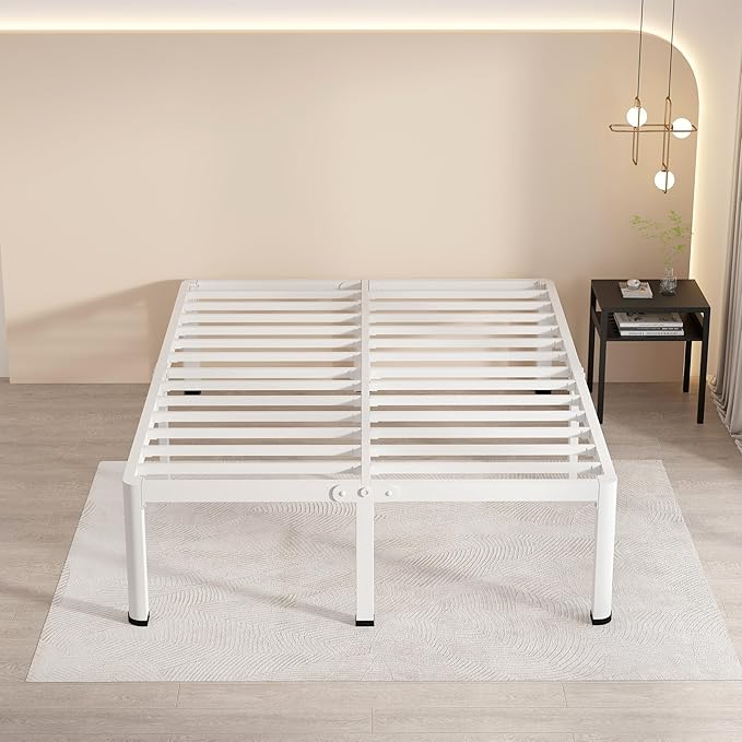 MAF 20 Inch King Size Bed Frame White with Round Corner Legs Mattress Slide Stopper No Box Spring Needed Heavy Duty Metal Platform Bed Frames Under-Bed Storage Space, 3000 LBS Steel Slats Support