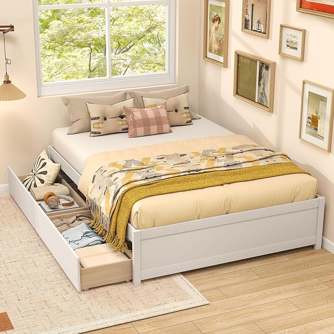Giantex Full Size Bed Frame with 2 Storage Drawers, Solid Wood Platform Bed with Slats Support, Heavy Duty Daybed with Storage, No Box Spring Needed, Full Bed Frames for Teens Adults, White