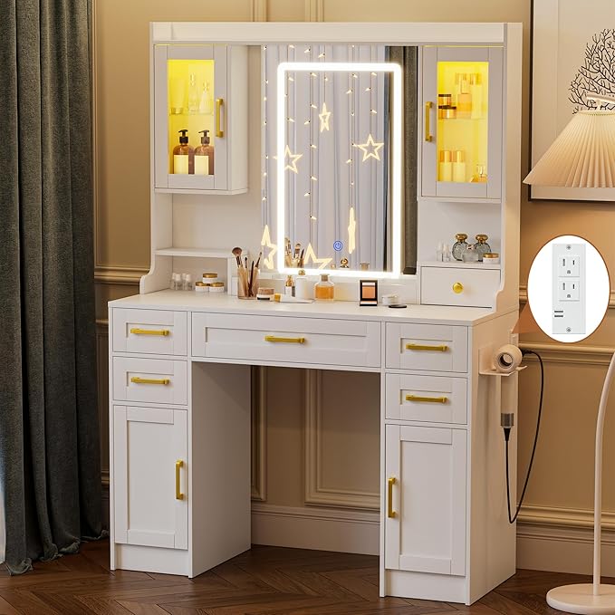 Vanity Table with Mirror and Lights, 5 Drawers, 2 Lighted Cabinets & 2 Storage Cabinets, Makeup Dressing Table, White Vanity for Bedroom Dressing Room