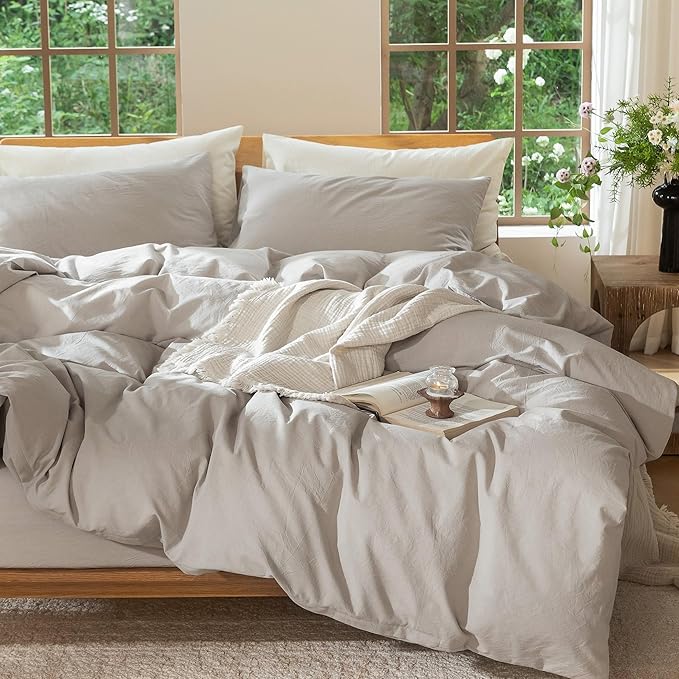 MooMee Bedding Duvet Cover Set 100% Washed Cotton Linen Like Textured Breathable Durable Soft Comfy (Heathered Cream Grey, Super Queen 90"x98")