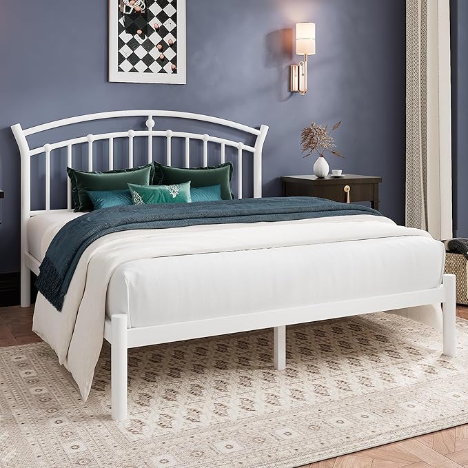 Einhomn Full Size Bed Frame, White Metal Bed Frame with 12" Under-Bed Storage, Heavy Duty Steel Slat Support, No Box Spring Needed, Noise-Free, Easy Assembly