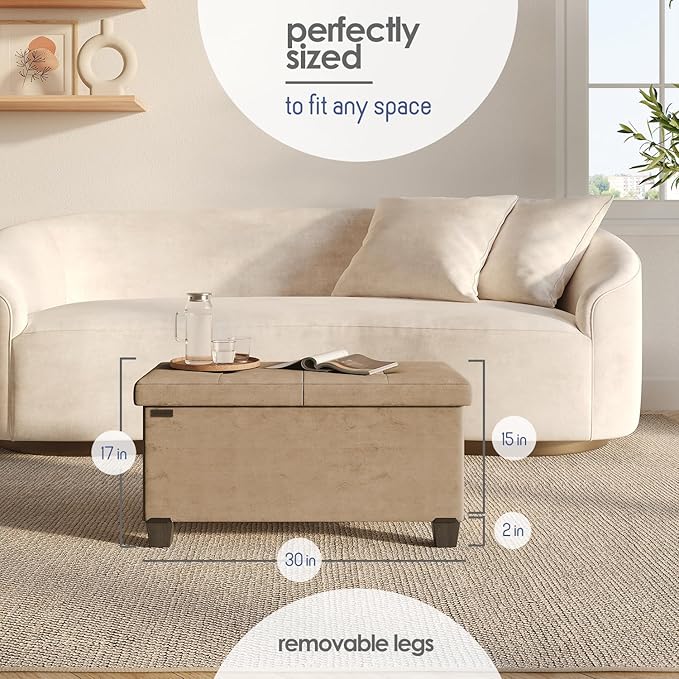 Storage Ottoman Bench with Bins, 30-in Storage Bench for Bedroom End of Bed, Folding Foot Rest Ottoman for Living Room Max 660lbs, Velvet Ottomans, Taupe