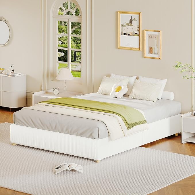 GarveeHome Full Size Cloud Bed Frame,Corduroy Low Bed Frame Without Headboard, Thick Fabric Upholstered Platform Bed, Solid Wood Legs, No Box Spring Needed, Never Squeak, Easy Assembly, White